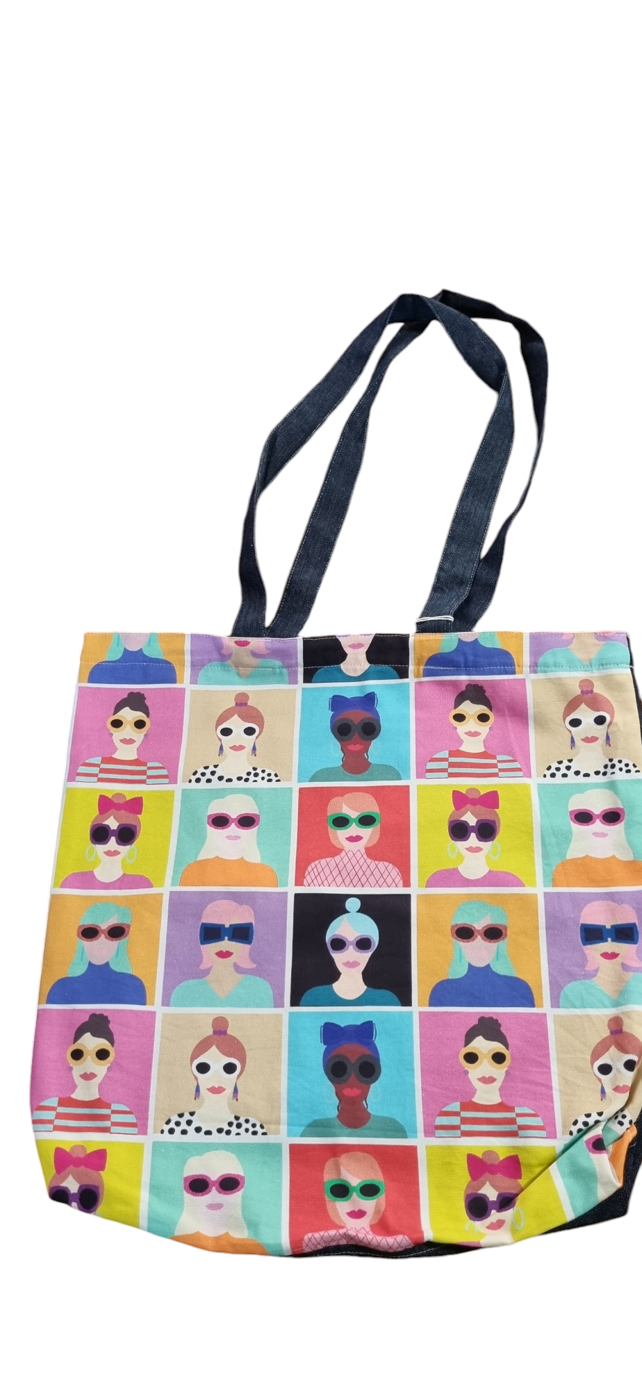 Faces on colourful squares tote bag 2.0 with denim back