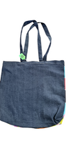 Load image into Gallery viewer, Faces on colourful squares tote bag 2.0 with denim back
