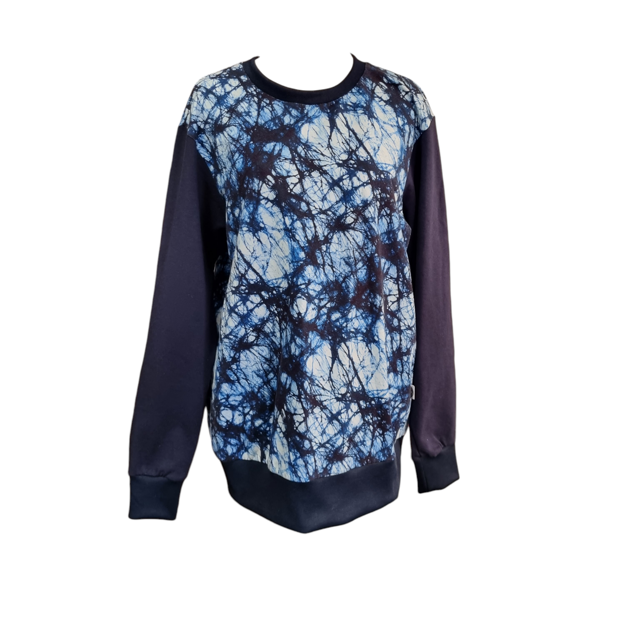 Blue and white print jumper with navy sleeves